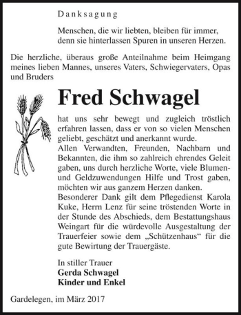 Traueranzeige von Fred Schwagel  von Magdeburger Volksstimme
