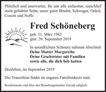 Traueranzeige von Fred Schöneberg  von Magdeburger Volksstimme