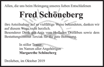 Traueranzeige von Fred Schöneberg  von Magdeburger Volksstimme