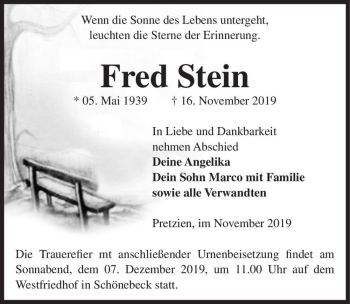 Traueranzeige von Fred Stein  von Magdeburger Volksstimme
