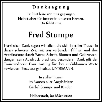 Traueranzeige von Fred Stumpe  von Magdeburger Volksstimme