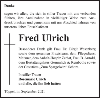 Traueranzeige von Fred Ulrich  von Magdeburger Volksstimme
