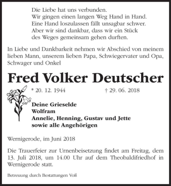 Traueranzeige von Fred Volker Deutscher  von Magdeburger Volksstimme