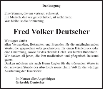 Traueranzeige von Fred Volker Deutscher  von Magdeburger Volksstimme