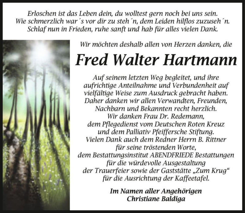  Traueranzeige für Fred Walter Hartmann  vom 13.11.2021 aus Magdeburger Volksstimme