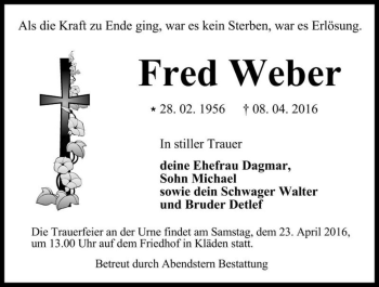 Traueranzeige von Fred Weber  von Magdeburger Volksstimme
