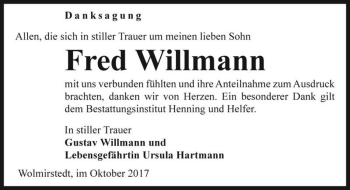 Traueranzeige von Fred Willmann  von Magdeburger Volksstimme