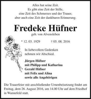 Traueranzeige von Fredeke Hüfner (geb. von Alvensleben)  von Magdeburger Volksstimme