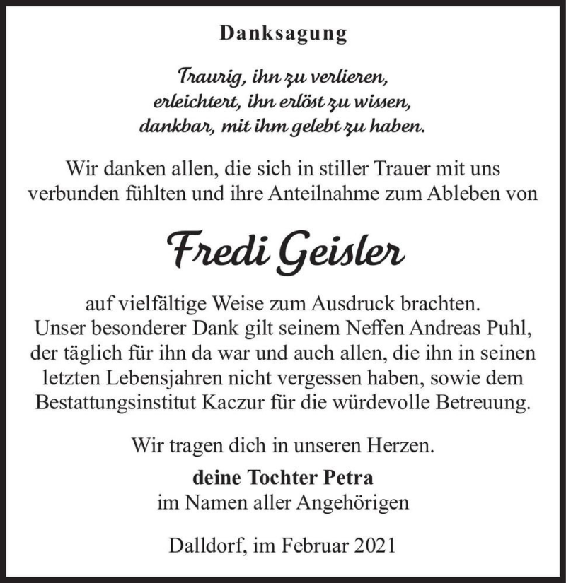  Traueranzeige für Fredi Geisler  vom 13.02.2021 aus Magdeburger Volksstimme