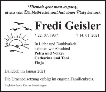 Traueranzeige von Fredi Geisler  von Magdeburger Volksstimme