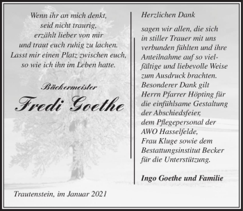 Traueranzeige von Fredi Goethe  von Magdeburger Volksstimme