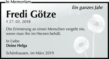 Traueranzeige von Fredi Götze  von Magdeburger Volksstimme