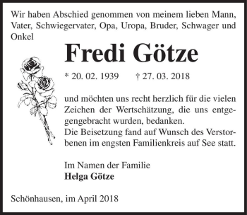 Traueranzeige von Fredi Götze  von Magdeburger Volksstimme