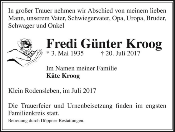 Traueranzeige von Fredi Günter Kroog  von Magdeburger Volksstimme