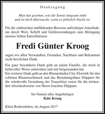 Traueranzeige von Fredi Günter Kroog  von Magdeburger Volksstimme