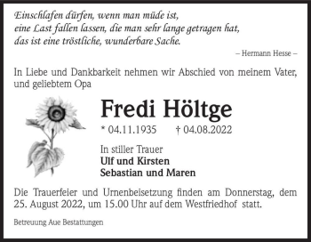 Traueranzeige von Fredi Höltge  von Magdeburger Volksstimme