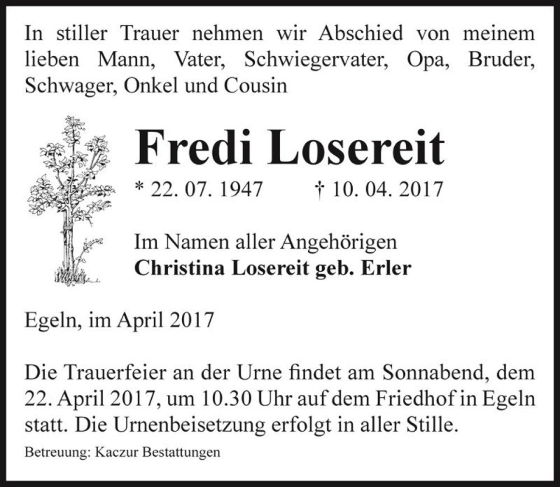  Traueranzeige für Fredi Losereit  vom 15.04.2017 aus Magdeburger Volksstimme
