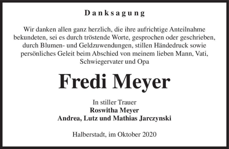  Traueranzeige für Fredi Meyer  vom 10.10.2020 aus Magdeburger Volksstimme