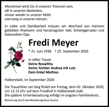 Traueranzeige von Fredi Meyer  von Magdeburger Volksstimme