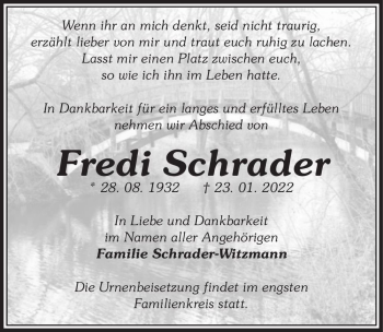 Traueranzeige von Fredi Schrader  von Magdeburger Volksstimme