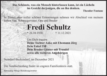 Traueranzeige von Fredi Schultz  von Magdeburger Volksstimme