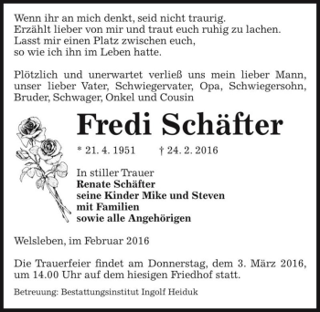 Traueranzeige von Fredi Schäfter  von Magdeburger Volksstimme
