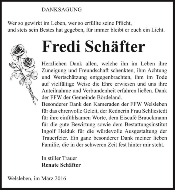Traueranzeige von Fredi Schäfter  von Magdeburger Volksstimme