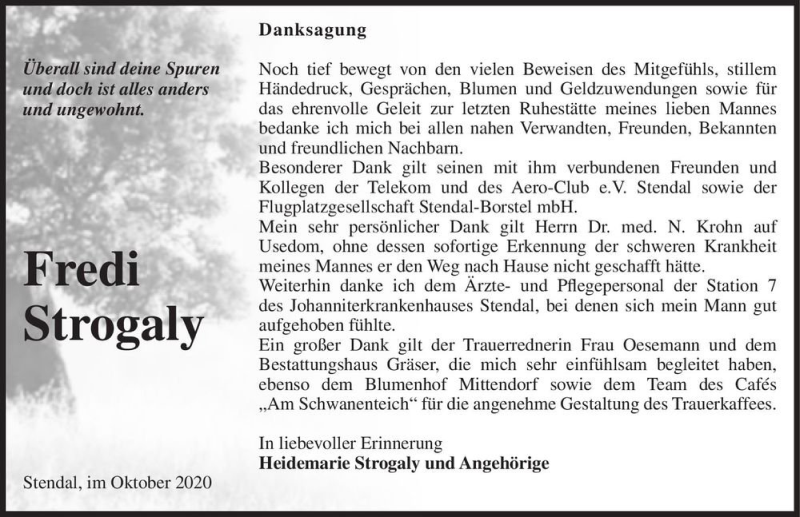  Traueranzeige für Fredi Strogaly  vom 16.10.2020 aus Magdeburger Volksstimme