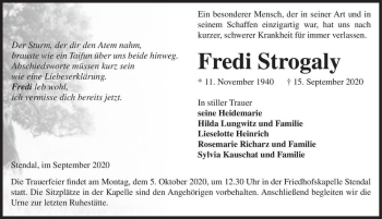 Traueranzeige von Fredi Strogaly  von Magdeburger Volksstimme