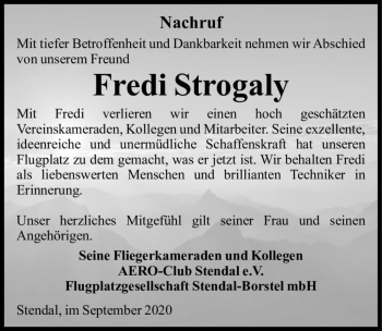 Traueranzeige von Fredi Strogaly  von Magdeburger Volksstimme