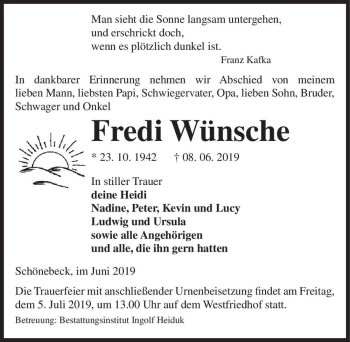 Traueranzeige von Fredi Wünsche  von Magdeburger Volksstimme