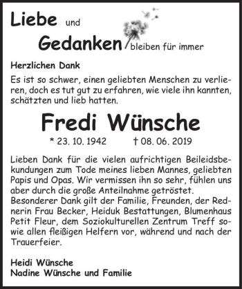 Traueranzeige von Fredi Wünsche  von Magdeburger Volksstimme