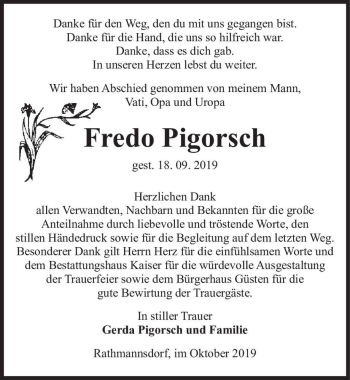Traueranzeige von Fredo Pigorsch  von Magdeburger Volksstimme