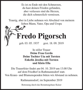 Traueranzeige von Fredo Pigorsch  von Magdeburger Volksstimme