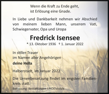 Traueranzeige von Fredrick Isensee  von Magdeburger Volksstimme