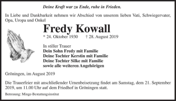 Traueranzeige von Fredy Kowall  von Magdeburger Volksstimme