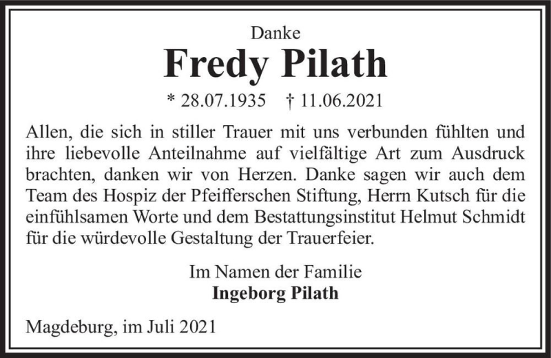  Traueranzeige für Fredy Pilath  vom 17.07.2021 aus Magdeburger Volksstimme