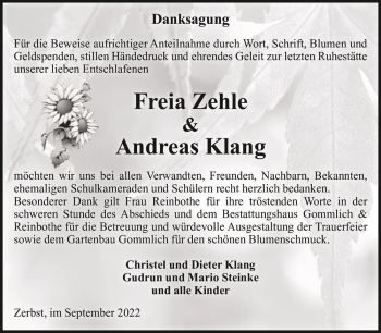Traueranzeige von Freia Zehle & Andreas Klang  von Magdeburger Volksstimme