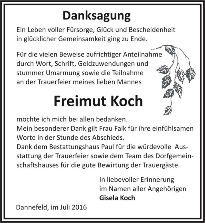  Traueranzeige für Freimut Koch  vom 19.07.2016 aus Magdeburger Volksstimme