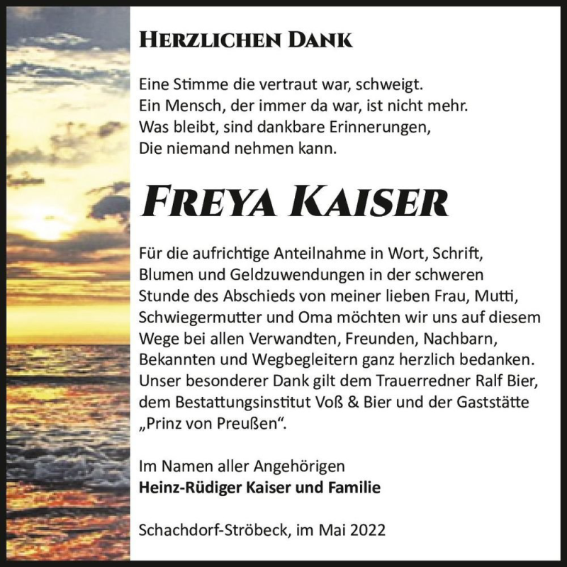  Traueranzeige für Freya Kaiser  vom 28.05.2022 aus Magdeburger Volksstimme