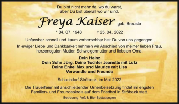 Traueranzeige von Freya Kaiser (geb. Breuste)  von Magdeburger Volksstimme