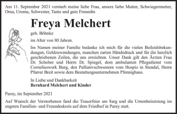 Traueranzeige von Freya Melchert (geb. Böhnke)  von Magdeburger Volksstimme