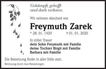 Traueranzeige von Freymuth Zarek  von Magdeburger Volksstimme