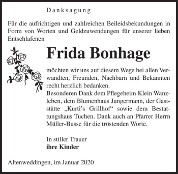 Traueranzeige von Frida Bonhage  von Magdeburger Volksstimme