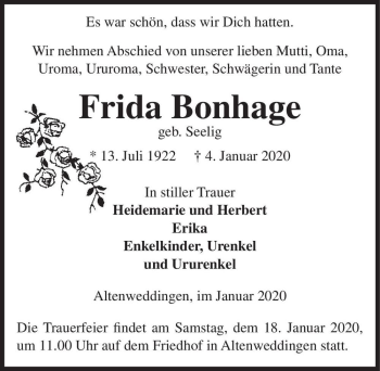 Traueranzeige von Frida Bonhage (geb. Seelig)  von Magdeburger Volksstimme