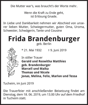 Traueranzeige von Frida Brandenburger (geb. Berlin)  von Magdeburger Volksstimme