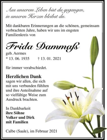 Traueranzeige von Frida Dammaß (geb. Aermes)  von Magdeburger Volksstimme