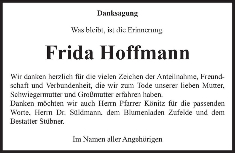  Traueranzeige für Frida Hoffmann  vom 14.08.2021 aus Magdeburger Volksstimme