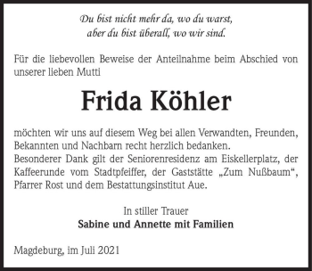 Traueranzeige von Frida Köhler  von Magdeburger Volksstimme