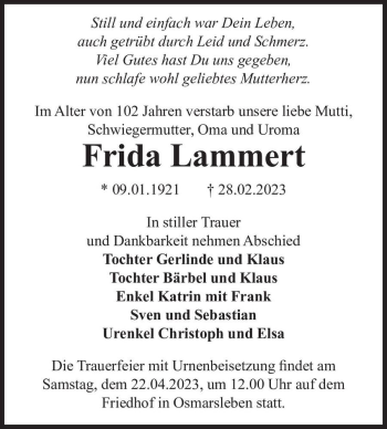 Traueranzeige von Frida Lammert  von Magdeburger Volksstimme